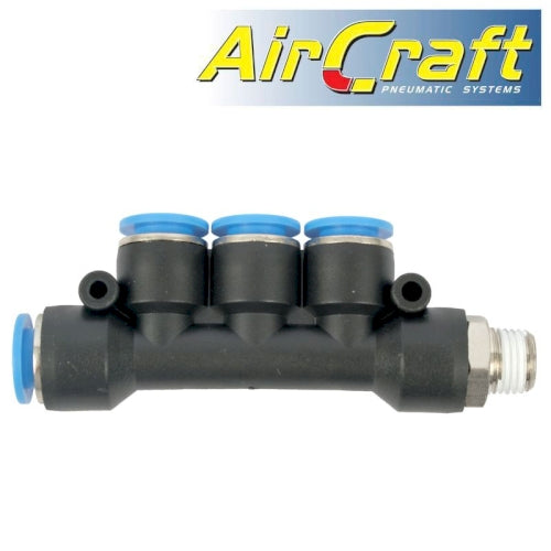 Pu hose fitting manifold 4 x 10mm port x 1/4'm