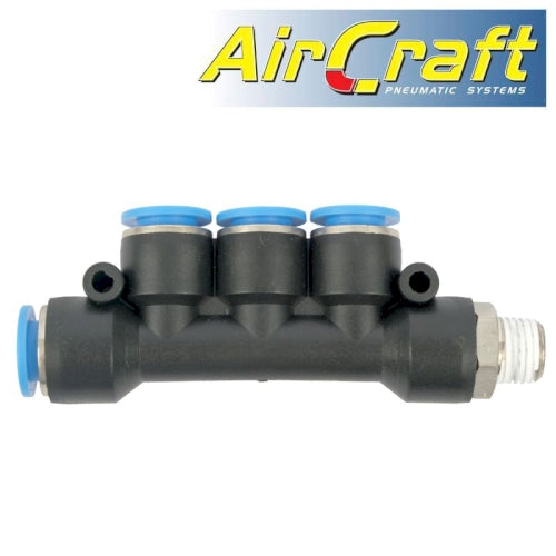 Pu hose fitting manifold 4 x 10mm port x 3/8'm
