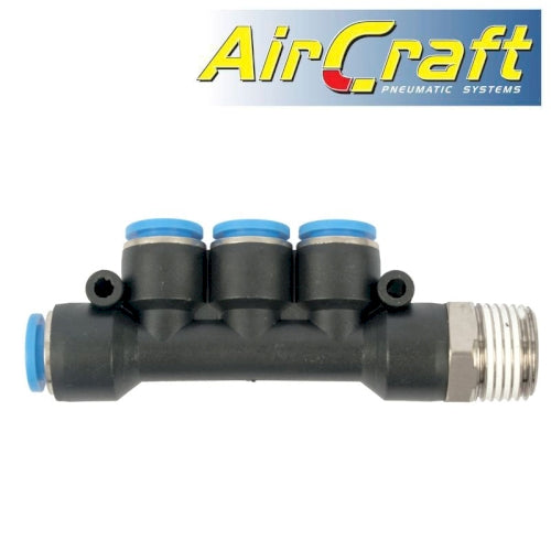 Pu hose fitting manifold 4 x 10mm port x 1/2'm