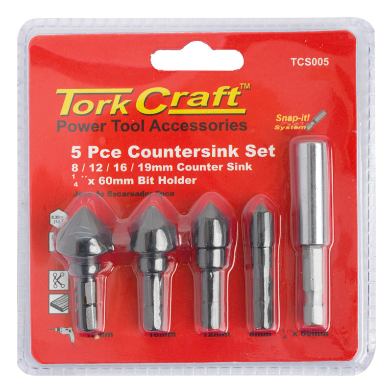 Countersink set 5pce set carbon (8,12,16,19mm c/w hex shank adaptor)(T CS005)