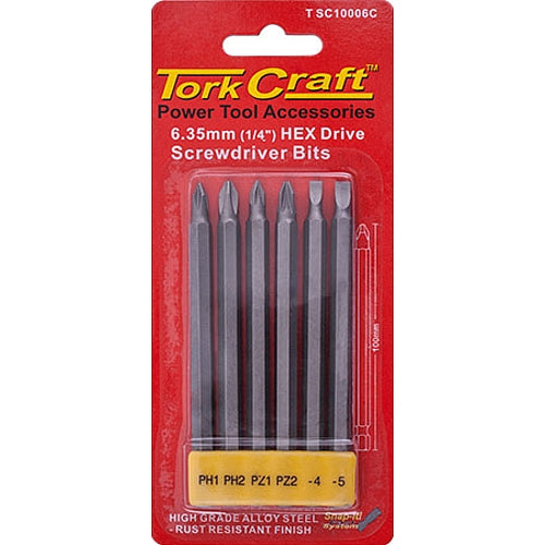 Tork Craft 6Pc PZ, PH & SL 100mm PWR Insert Bit Set | T SC10006C