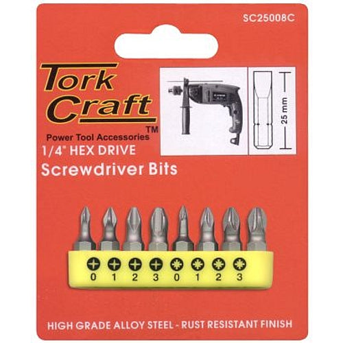 Tork Craft 8Pc POZI & PHILLIPS No. 0 - 3 x 25mm Insert Bit Set | T SC25008C