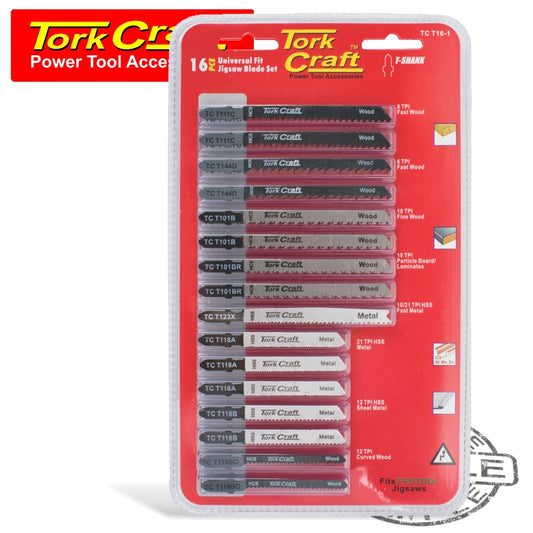 T-shank jigsaw blades 16pc set assorted metal & wood cutting(TC T16-1)