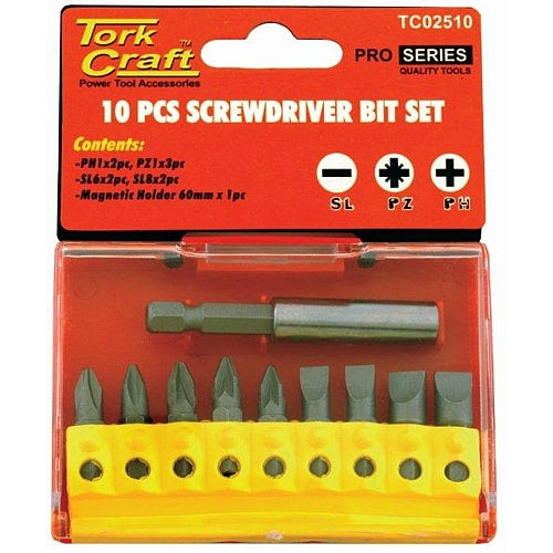 Tork Craft 10Pc PZ, PH & SL 25mm Insert Bit Set Incl. Magnetic Bit Holder | TC02510