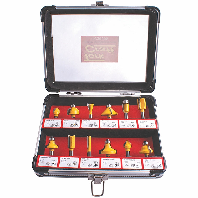 Tork Craft 12 Piece Router Bit Set, 1/4″ Shank, Aluminium Case | TC20505