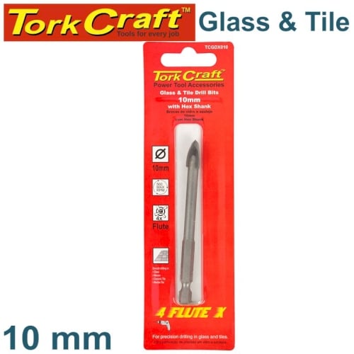 Glass & tile drill 10mm 4 flute with hex shank