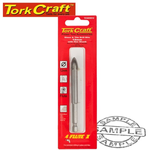 Glass & tile drill 12mm 4 flute with hex shank