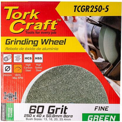 Tork Craft Grinding Wheel, Fine 60 Grit, 250 x 40 x 50.8mm (Green) | TCGR250-5