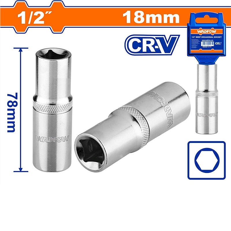 WADFOW 1/2" Drive Deep Hexagonal Socket, 18mm | WSC7218