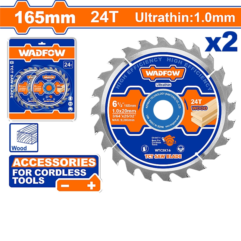 WADFOW Ultra-Thin TCT Saw Blade Set, D 165MM X B 20/16MM - 24T | WTC3K16