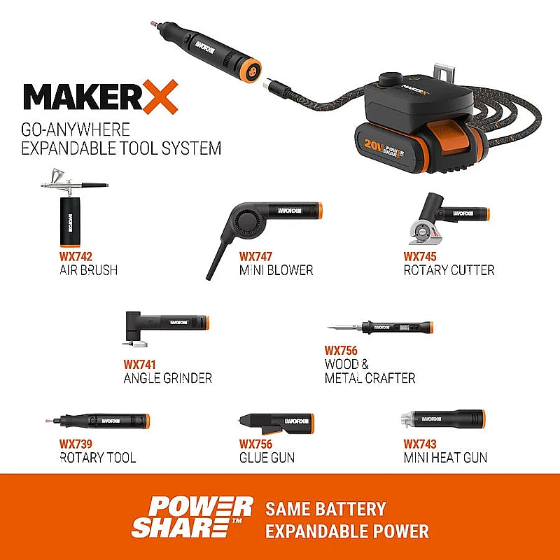 Worx 20V Cordless Brushless MakerX Rotary Tool with Control Hub, 2.0Ah Kit | WX739