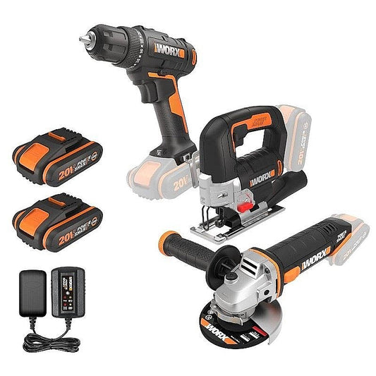 Worx 3Pc 20V Cordless Power Tool Kit, 2 x 2.0Ah Batt. Pk. & Charger | WX955