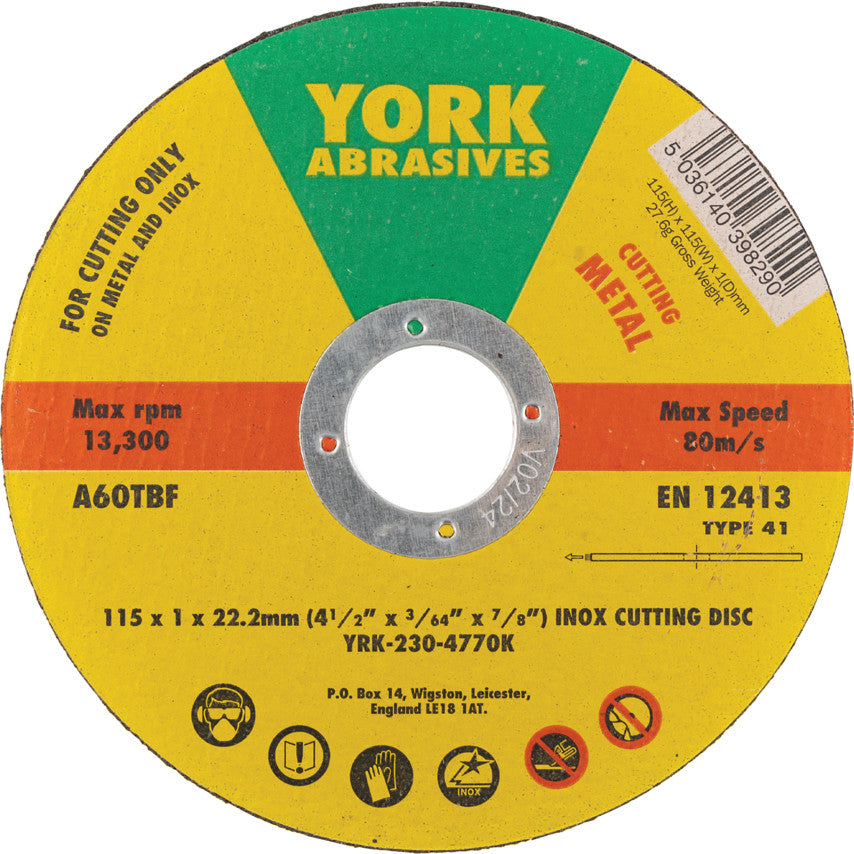 York Cutting Disc, AlOx, 60-Fine, 115 x 1 x 22.23mm (A60TBF) | YRK2304770K