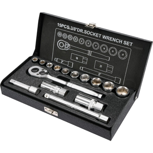 YATO 15Pc 3/8" Socket Set In Metal Case 10-22mm | YT-38631