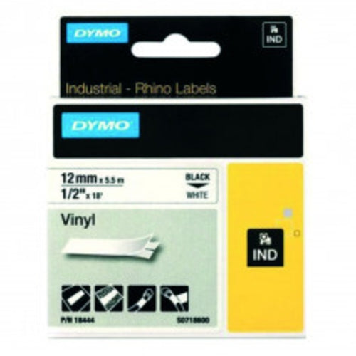Dymo Rhino Vinyl Tape 12mm x 5.5M Black on White | DYT12VBKWT