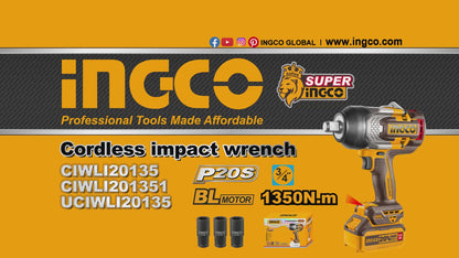 Ingco 20V BL Cordless 3/4" Sq. Dr. Impact Wrench 1350Nm (Solo Unit) | CIWLI201351