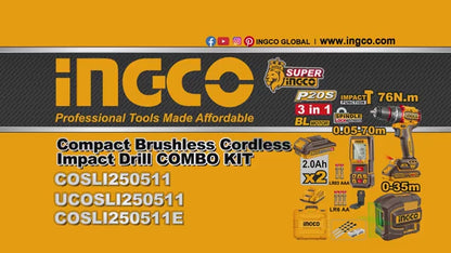 Ingco 3Pc Combo Kit, Impact Drill + Laser Distance Measure + Self-Levelling Line Laser | COSLI250511