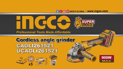Ingco 20V BL Cordless Angle Grinder 115mm, 4.0Ah Kit | CAGLI261521