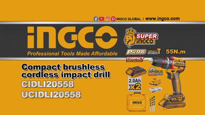 Ingco 20V Compact BL Cordless Impact Drill 55Nm, 2.0Ah Kit | CIDLI20558