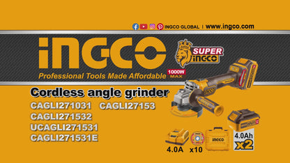 Ingco 20V BL Cordless Angle Grinder 115mm, 4.0Ah Kit | CAGLI271532