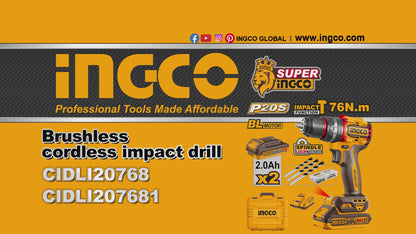 Ingco 20V Compact Brushless Cordless Impact Drill Kit | CIDLI20768