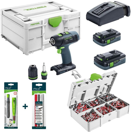 FESTOOL CORDLESS DRILL T18 18+3 HPC 4.0 I-PLUS + Dowel Set + Pica Big Dry Marker with Refill Set