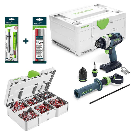 Festool TPC 18/4 BASIC QUADRIVE Cordless Percussion Drill + Dowel Set + Pica Big Dry Marker with Refill Set