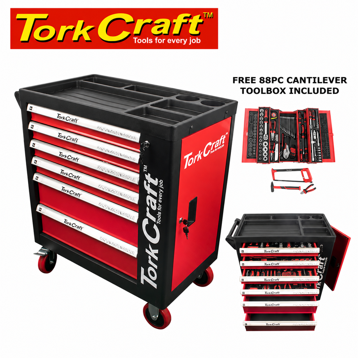 Tork Craft 184 Piece 6-Drawer Roller Cabinet Tool Kit +  88 Piece 5-Tier Cantilever Toolbox| TC620050-COMBO